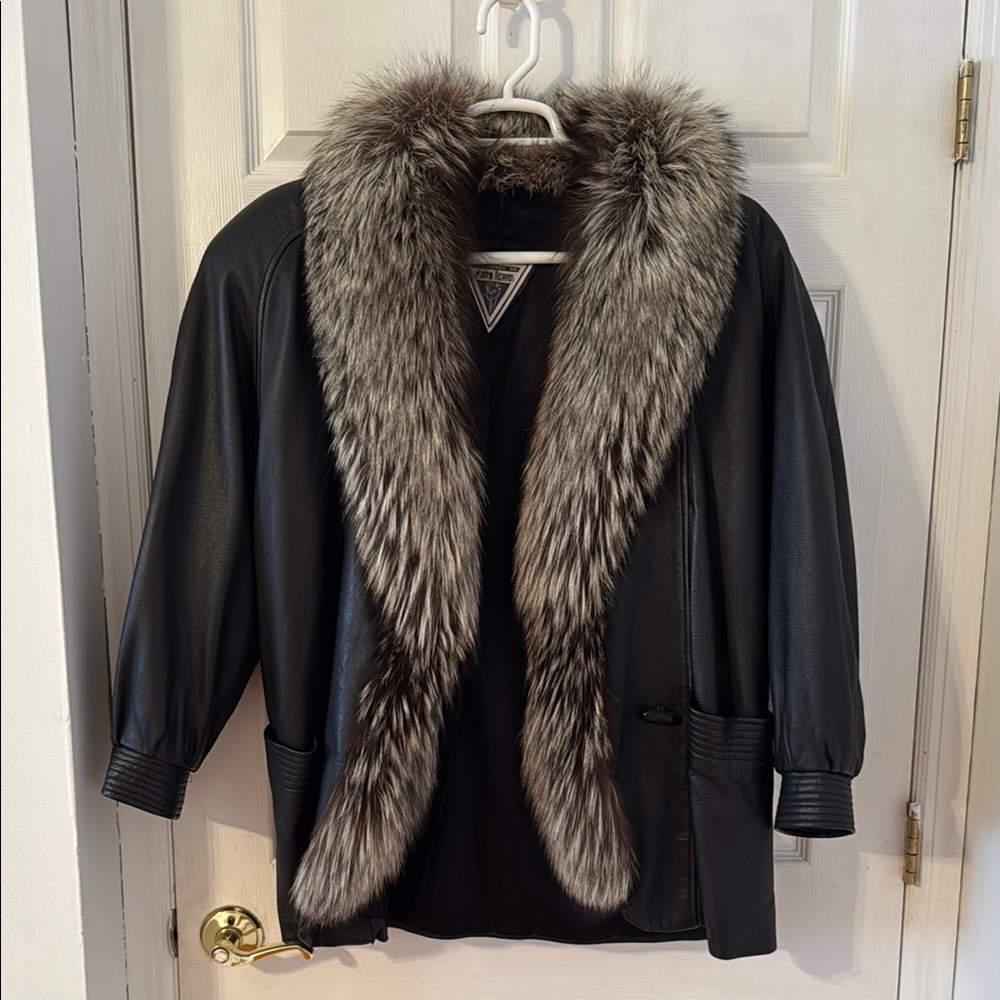 Marvin Richards Black Leather Jacket with Gray Fur Trim